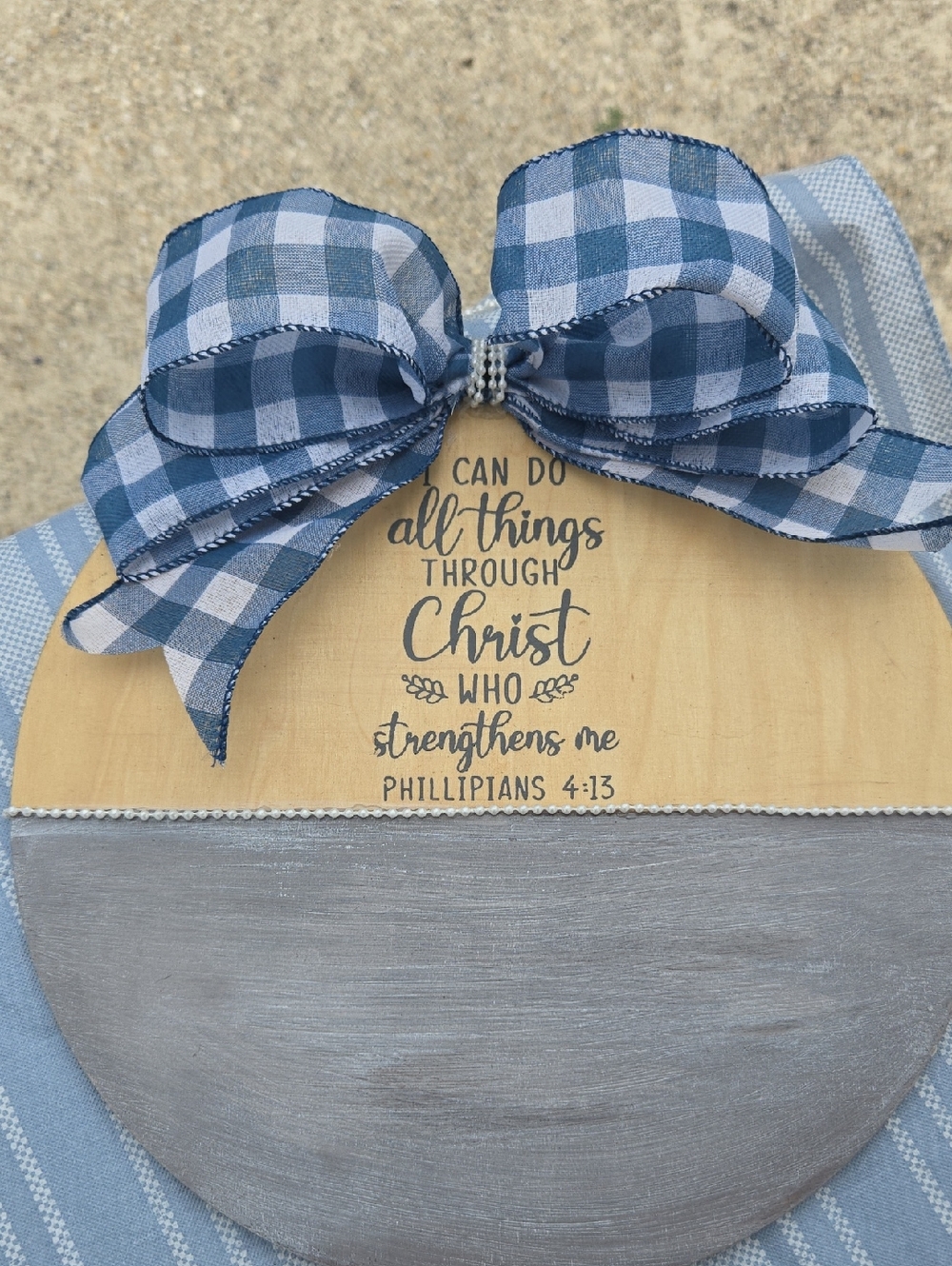Blue Gingham Ribbon Wooden Wall Sign — Faith Quote